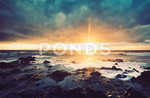 Storm on the sea, ocean storm at sunset Stock Photos