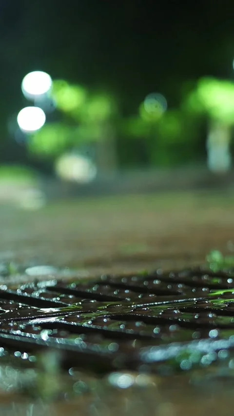 Storm sewer. Rain. Puddle of water. City at night. Rain Drop With Street Lights. Stock Footage 310702399
