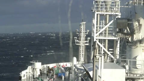Storm. Ship. View from bridge. Bow jump on waves. Strong pitching. Vessel climb Stock Footage 202606348