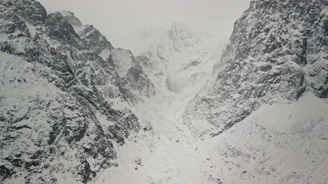 Storm, snowfall in the huge glacier of Mount Belukha, the valley of the Aktru Stock-Footage 163973169
