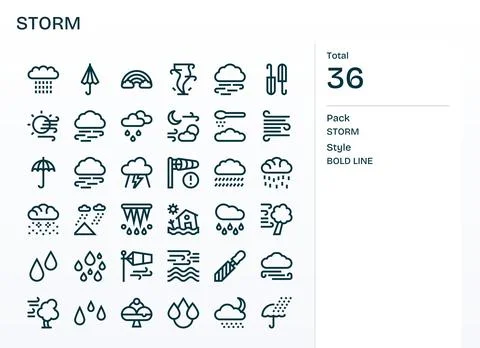 Storm Vector Icon Toolkit featuring 36 PIXEL Perfect Retina Ready Bold Line.. Stock Illustration