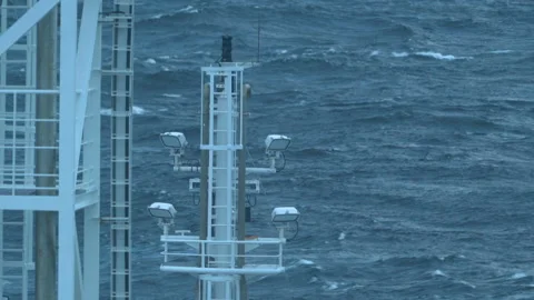 Storm. Very strong pitching. Forward mast of vessel. Ship breaks waves. Bow of Stock Footage 209349379