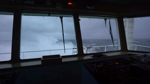 Storm. Vessel. View from bridge. Strong pitching. A lot of splashes. Ship climb Stock Footage 196255679