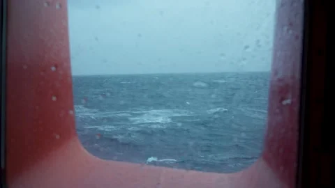Storm. Vessel. View from cabin window. Strong pitching. Water splashes into Stock Footage 219823926