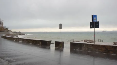 Storm warning on the coast, storm beginning, strong wind shakes road signs Stock Footage 60230213