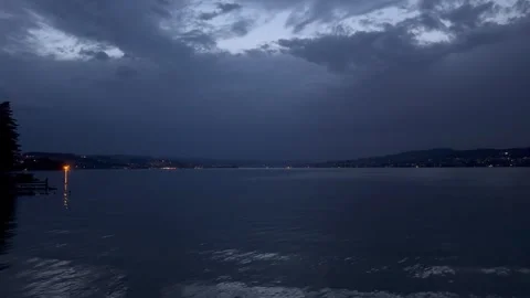 Storm Warning Lights Along Lake Zurich at Night in 4K Stock Footage 339759116