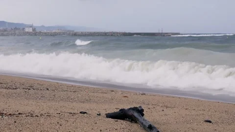 Storm washed garbage out of the sea onto the shores of Barcelona Stock Footage 284578124