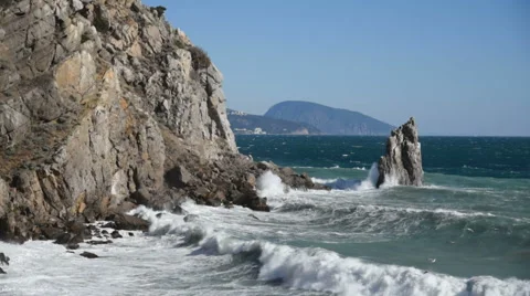 Storm waves beating against the rocky shore slow motion Stock-Footage 68851117