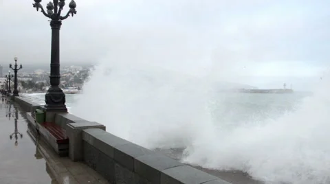Storm waves crashing on the seafront Stock-Footage 45026144