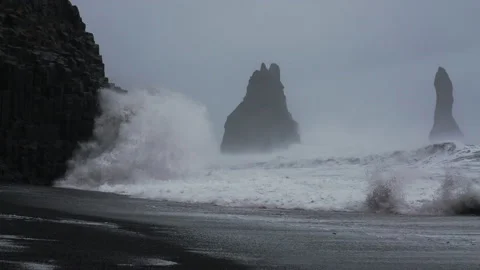 Storm Waves Hitting Sea Stacks And Black Sand Beach Stock Footage 182139870