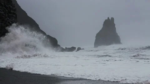 Storm Waves Hitting Sea Stacks And Black Sand Beach Stock Footage 182141317