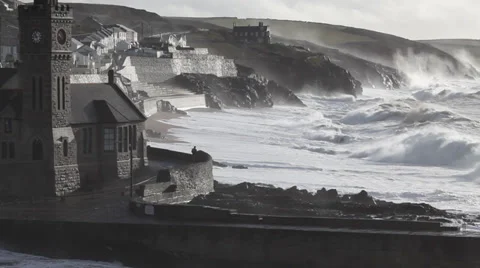 Storm waves in Porthleven. Cornwall is the location of the G7 summit Stock Footage 33738121