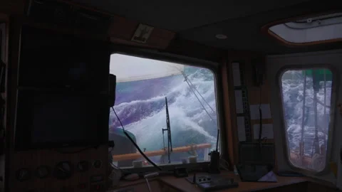 Storm waves seen from ship wheelhouse Stock Footage 337952096