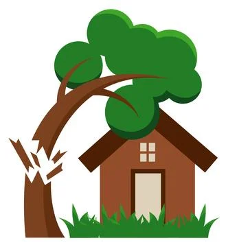 Storm wind. Broken tree fall on house Stockillustratie