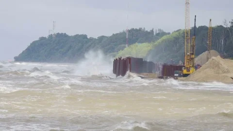 Storm wind rises waves. Hurricane on the sea. Ocean waves storm sea spray. Bi Stock Footage 77607231