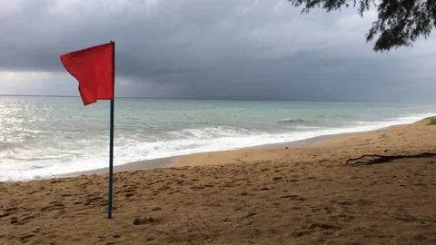Storms season. Red warning flag on the beach - no swimming Stock Footage 75825985