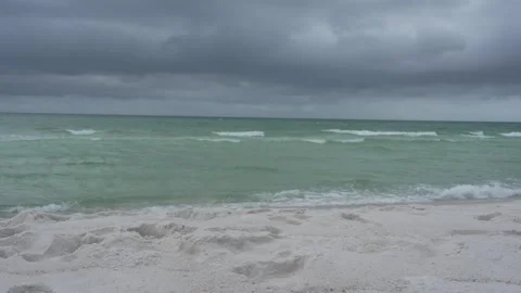 Stormy beach landscape with rough ocean waves under dark overcast clouds Stock Footage 345689561