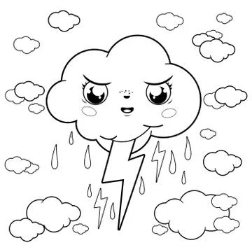 Stormy cloud character raining and thunder. Vector black and white coloring page Illustrazione stock