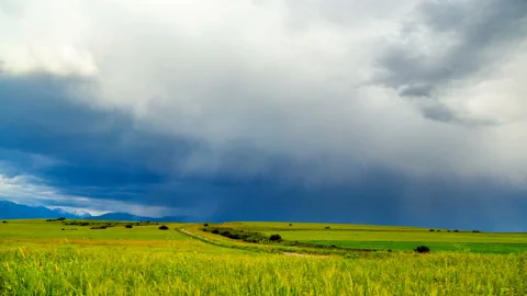 Stormy clouds over wheat fields illuminated by the sun. Stock Footage 91521259