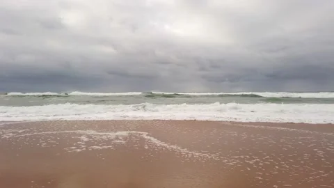 Stormy day by the sea. Empty beach of Portuguese coast Stock Footage 144023489