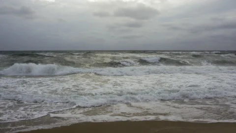  Stormy, frothy waves, ocean tide coming in, slow motion Stock Footage 195739600