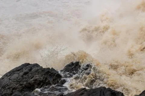 Stormy mountain river with large waves Stock Photos