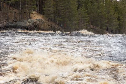 Stormy mountain river with large waves Stock Photos
