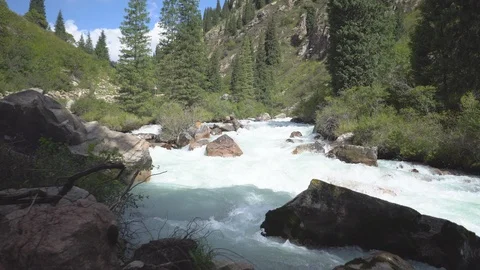Stormy mountain river runs through the gorge Stock Footage 94934605