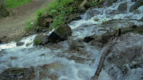 Stormy mountain spring stream of water flowing down the mountain slopes. The Stock Footage 225080932