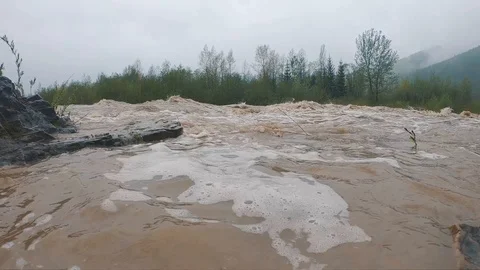 Stormy mud streams of a mountain river, after the rains Stock Footage 107335697