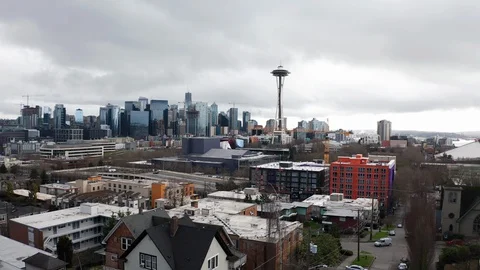 Stormy rainy day Seattle Downtown Aerial Space Needle Stock Footage