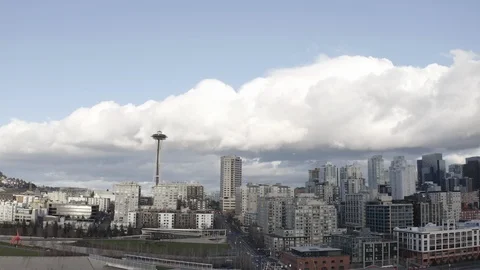 Stormy rainy day Seattle Downtown Aerial Space Needle Video stock 129200367