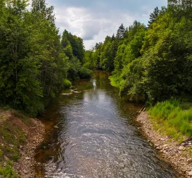A stormy river with rapids in the middle of the forest. Unique natural locati Stock Photos