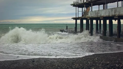 Stormy Sea Waves Breaking on abandoned building. Abkhazia Stock Footage 95940931