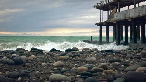 Stormy Sea Waves Breaking on abandoned building. Abkhazia Stock Footage 95940944