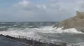 Stormy seas crash onto hill with wind blowing- Aftermath from Hurricane Gonzalo HD Footage