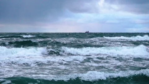 Stormy seas during bad weather cyclone hurricane Winds. Slow motion sea ocean Stock Footage