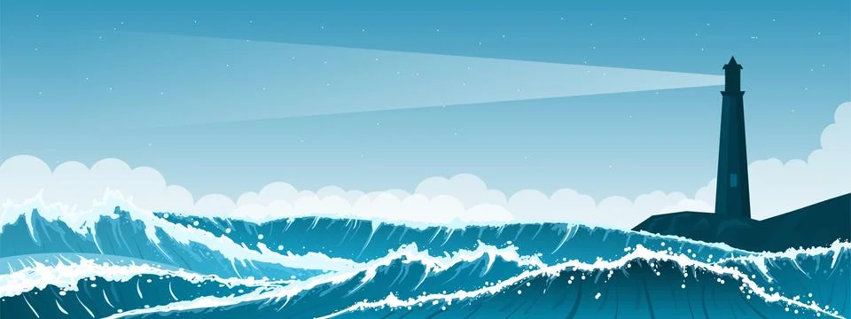 Stormy seascape background with lighthouse Stock Illustration