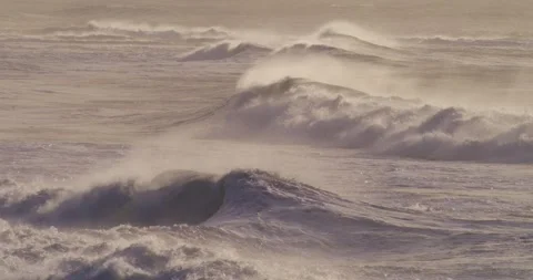 Stormy seascape large waves breaking high energy slow motion Video stock 330922124