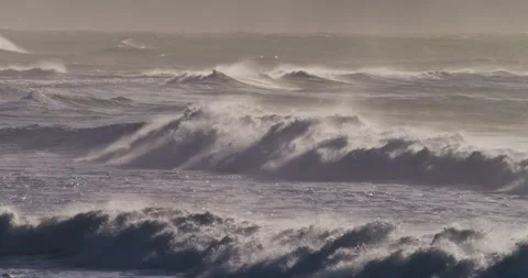 Stormy seascape large waves breaking high energy slow motion Stock Footage 330922146