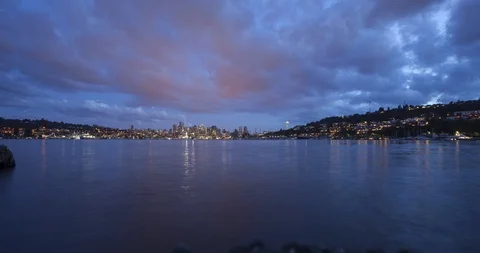 Stormy Seattle Skyline Time-Lapse from Gas Works Park at Dusk 4K Stock Footage 100567196