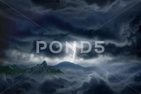 Stormy sky, lightning, mountain Stock Photos
