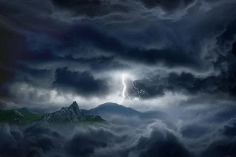 Stormy sky, lightning, mountain Фото