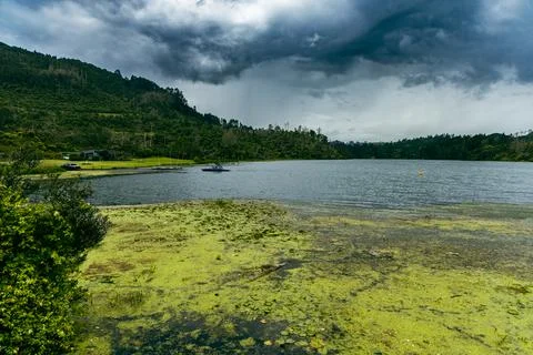 Stormy Sky Over Algae Covered Mountain Lake Foto stock