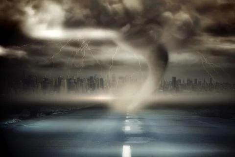 Stormy sky with tornado over road Stock Photos