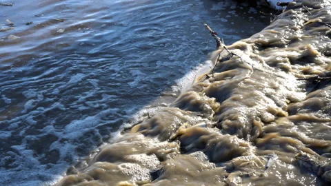 A stormy stream of dirty water flows into the spring river. Close up. 4K 스톡 동영상 87740492