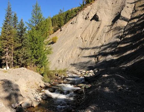 A stormy stream of a mountain river flows at the foot of a high cliff through Stock Photos