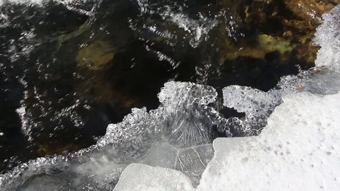 Stormy stream of water under thin ice in the river Stock Footage 84784996