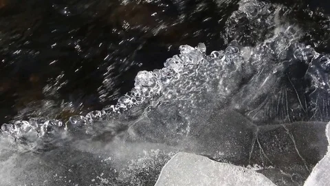 Stormy stream of water under thin ice in the river Stock Footage 84785134