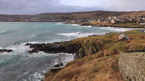 Stormy view over Brei Wick sound, Lerwick town, Shetland Stock Footage 328018740